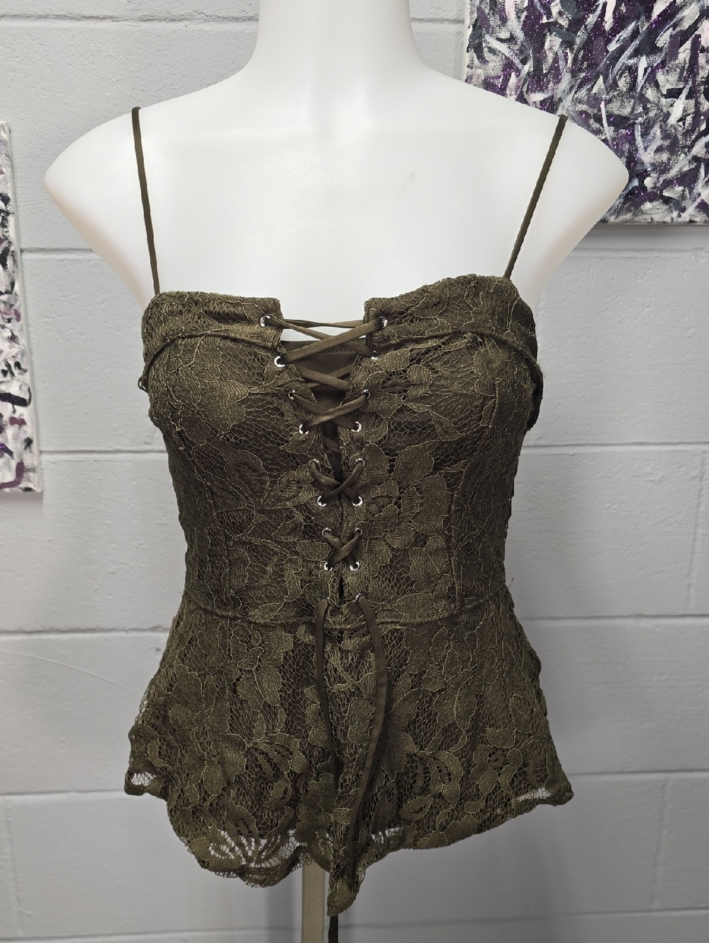 Express Olive Lace Lace-Up Spaghetti Strap Bustier